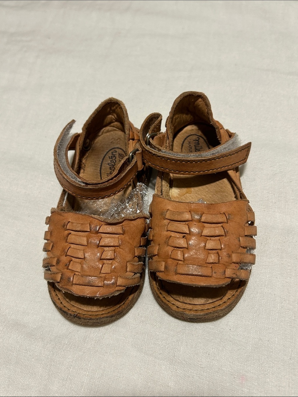 Nikoleon Naturally Kids Brown Leather Woven Sandals with Hook-and-Loop Strap,Sz5